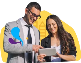 A man and woman in business attire below text that reads Enterprise for businesses